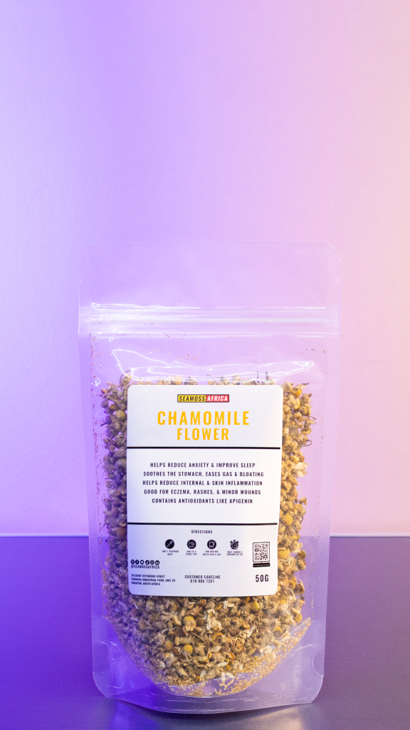 A 50g pack of pure Chamomile Flower from Seamoss Africa, used for anxiety relief and digestive support.