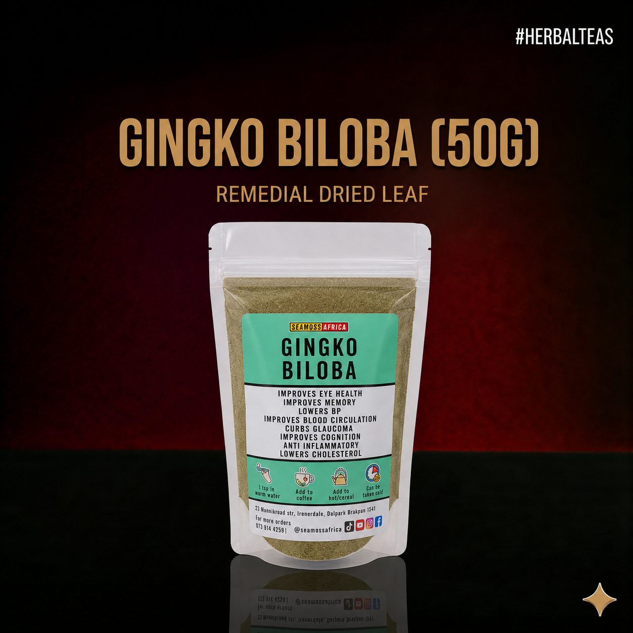A premium package of Ginkgo Biloba 50g from Seamoss Africa, a traditional herbal remedy for memory and focus 2026