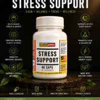 A bottle of pure Stress Support Capsules from Seamoss Africa, used for anxiety relief and nervous system support.