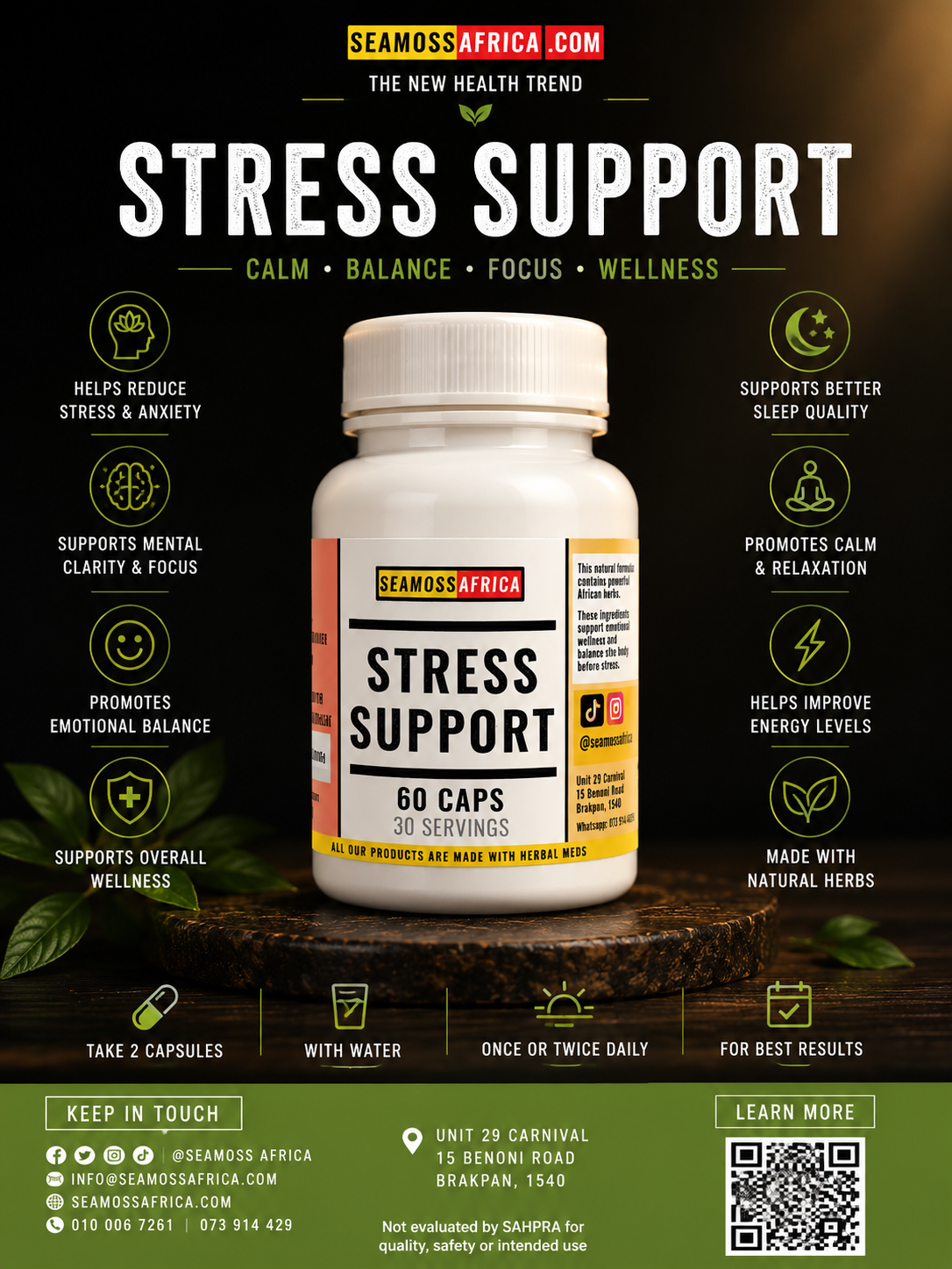 A bottle of pure Stress Support Capsules from Seamoss Africa, used for anxiety relief and nervous system support.