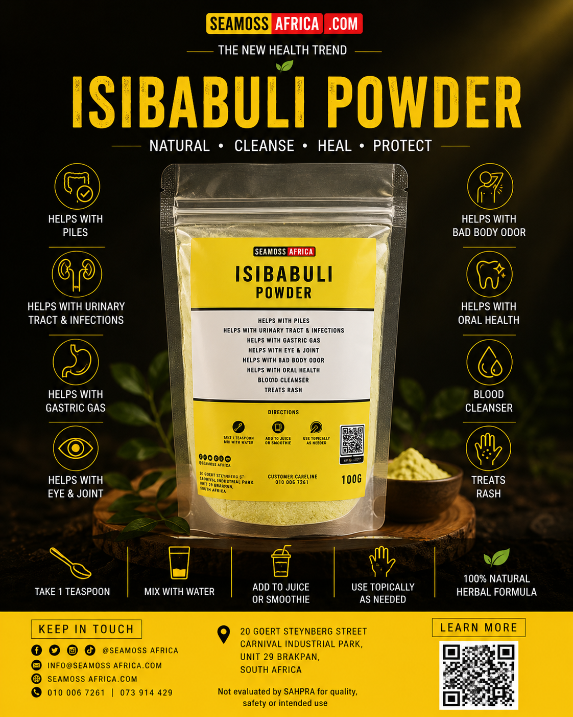 A 100g pack of Isibabuli herbal remedy from Seamoss Africa, used for skin, hair, and internal purification.