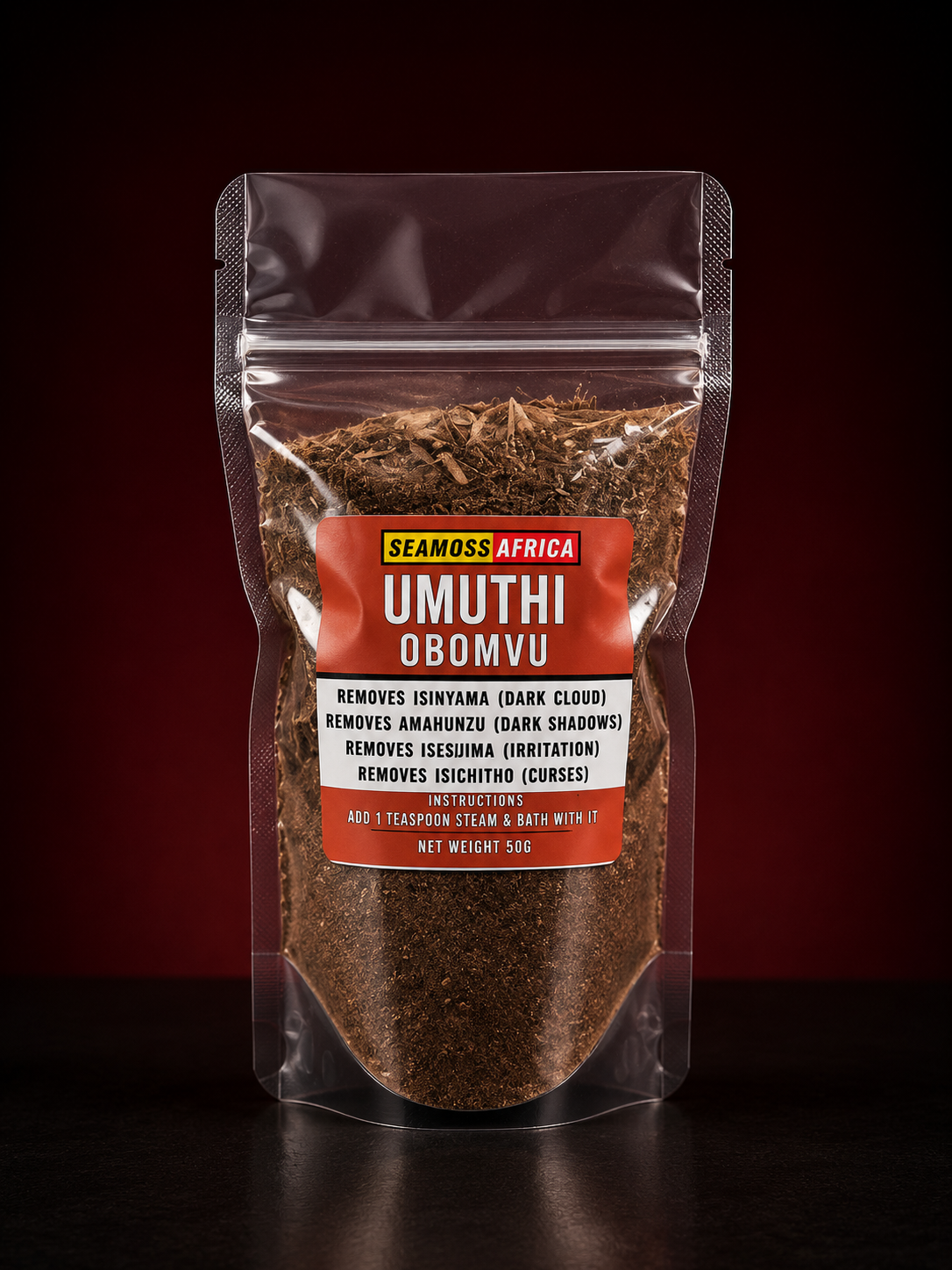 A package of Umuthi Obomvu 50g from Seamoss Africa, used for traditional spiritual cleansing, curse removal, and bad luck restoration.