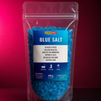 A bottle of pure Blue Salt 500g from Seamoss Africa, used for mineral-rich culinary seasoning and spiritual cleansing