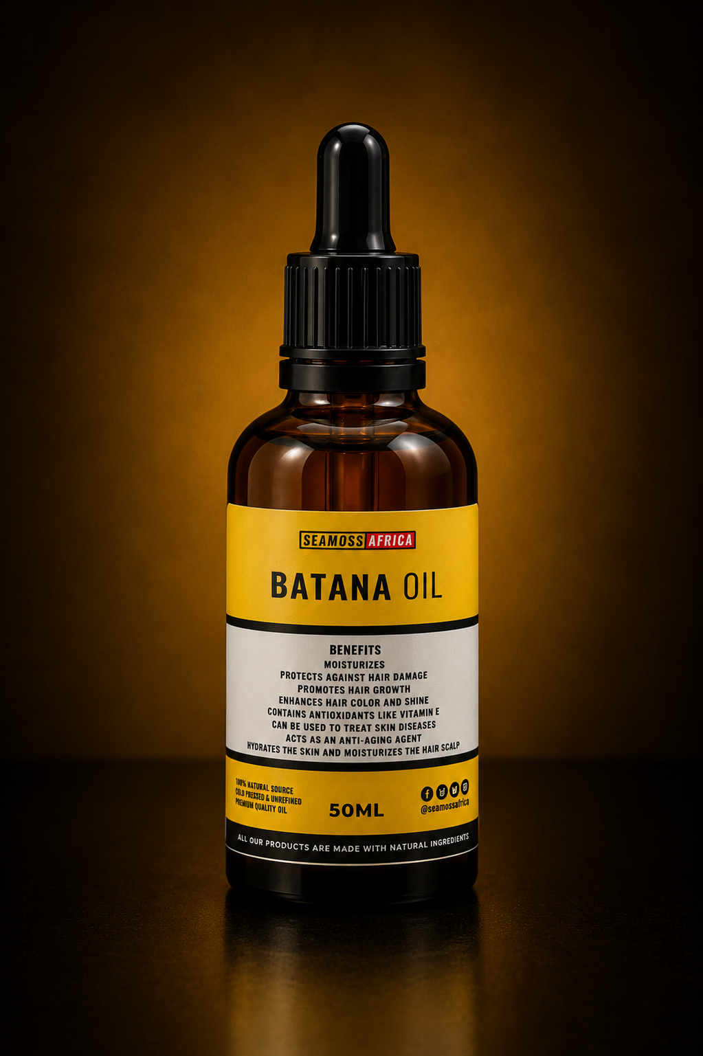 A bottle of premium Batana Oil from Seamoss Africa, a natural remedy for hair growth, skin repair, and anti-aging.