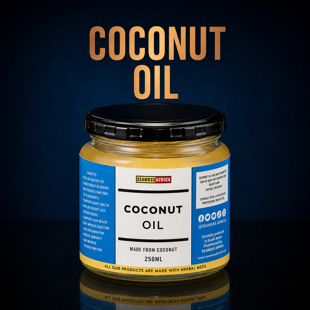A premium jar of Coconut Oil 500ml from Seamoss Africa, perfect for healthy cooking and natural skincare 2026