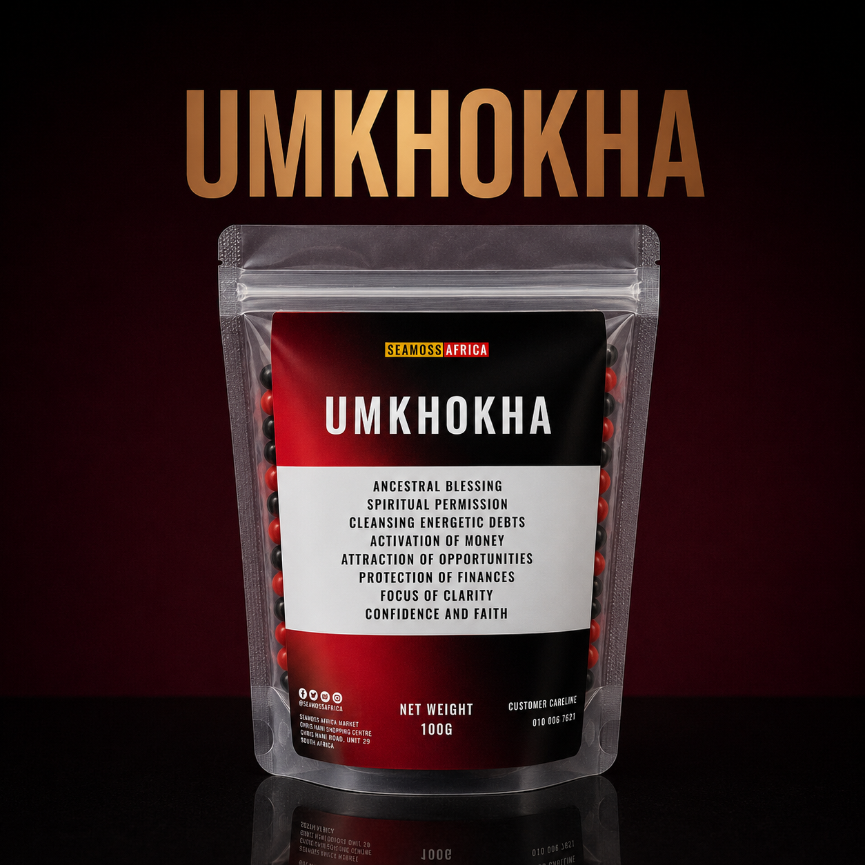 A package of Umkhokha 100g from Seamoss Africa, used for traditional spiritual cleansing and energetic renewal.