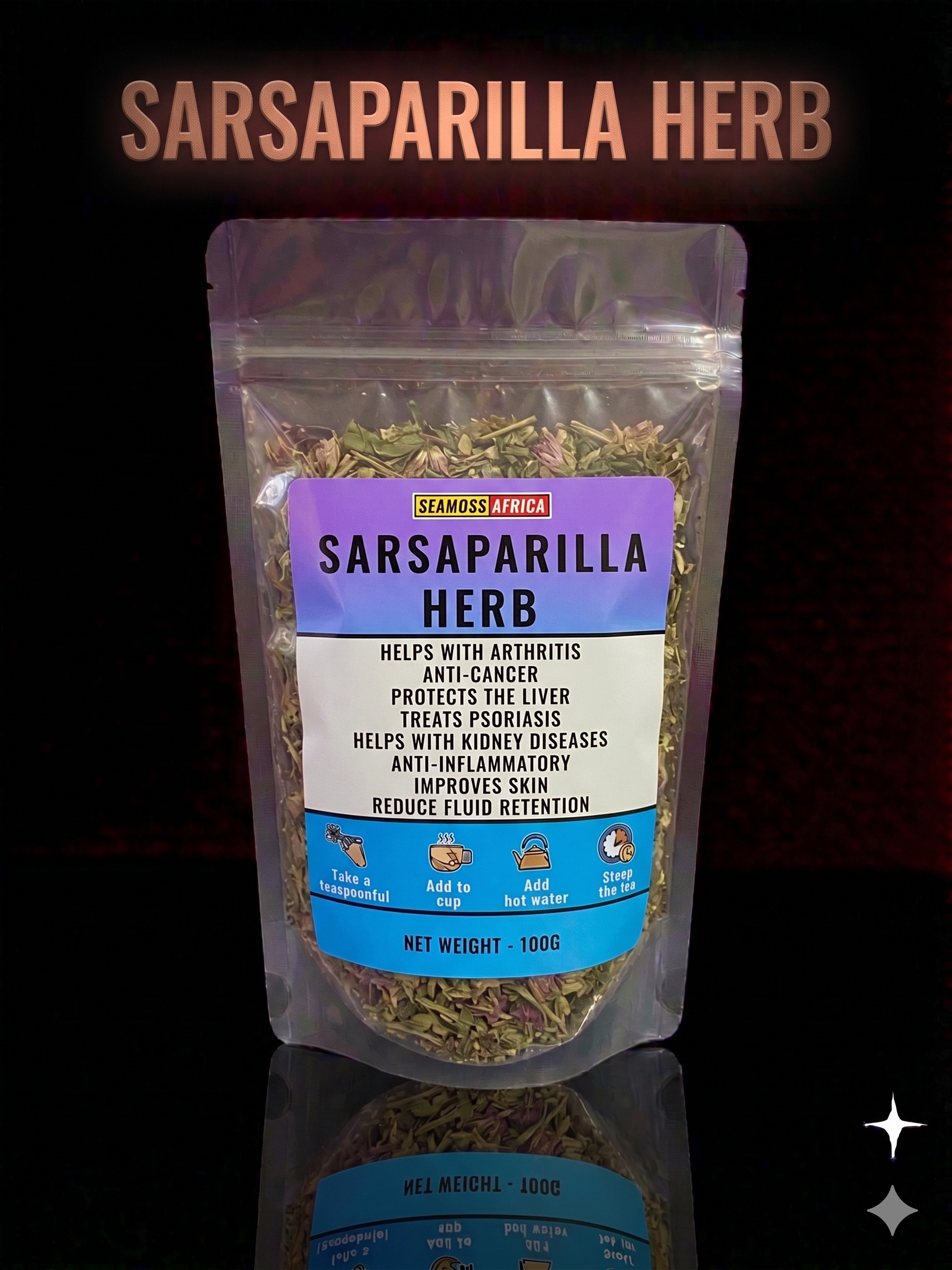 A 100g pack of premium Sarsaparilla Herb from Seamoss Africa, used for blood purification and skin health