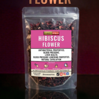 A 100g pack of pure Hibiscus Flowers from Seamoss Africa, used for heart health and antioxidant support.