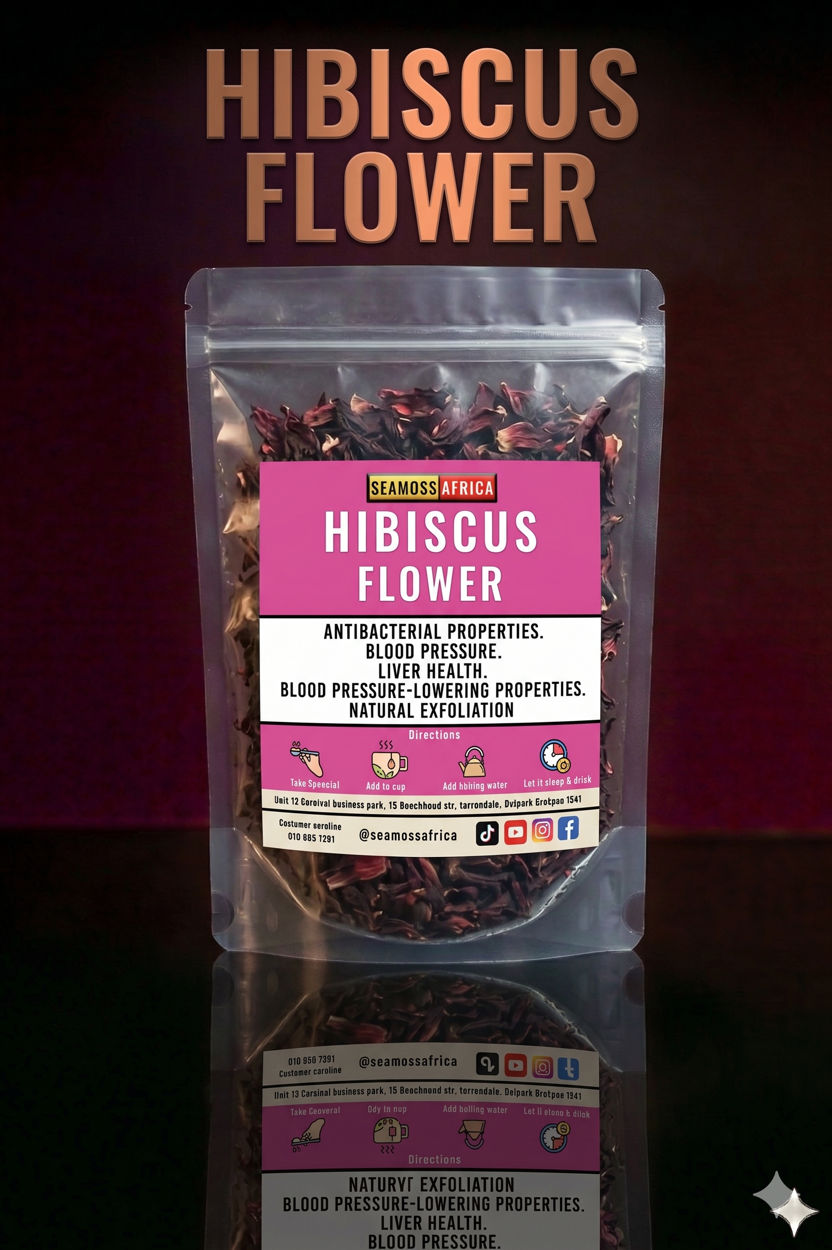 A 100g pack of pure Hibiscus Flowers from Seamoss Africa, used for heart health and antioxidant support.