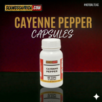 A bottle of pure Cayenne Pepper Capsules from Seamoss Africa, used for metabolic support, circulatory health, and natural energy