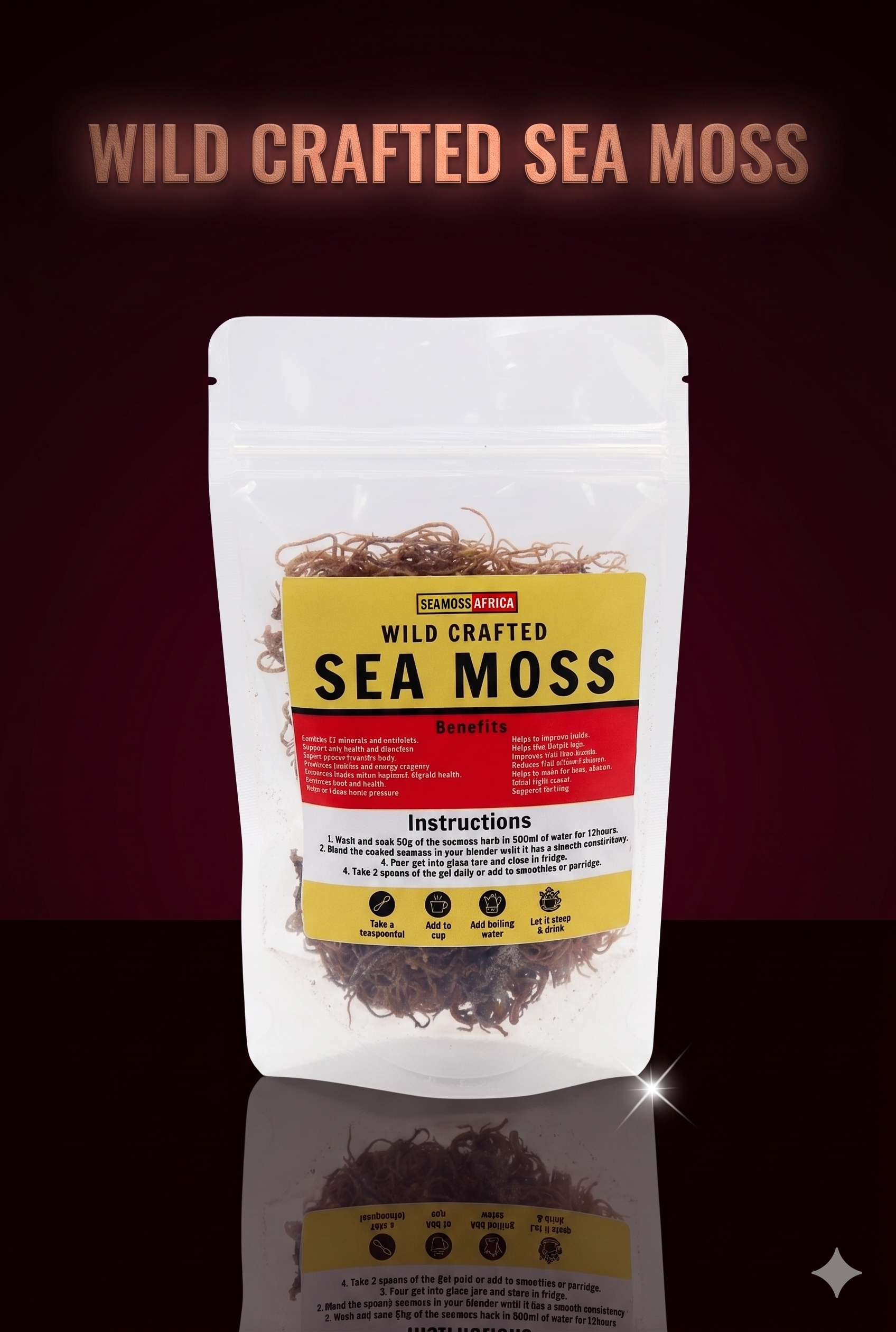 Pure Wild Crafted Seamoss from Seamoss Africa, used for immune support and skin health.