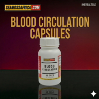 A bottle of pure Blood Circulation Capsules from Seamoss Africa, used for cardiovascular support and vitality."