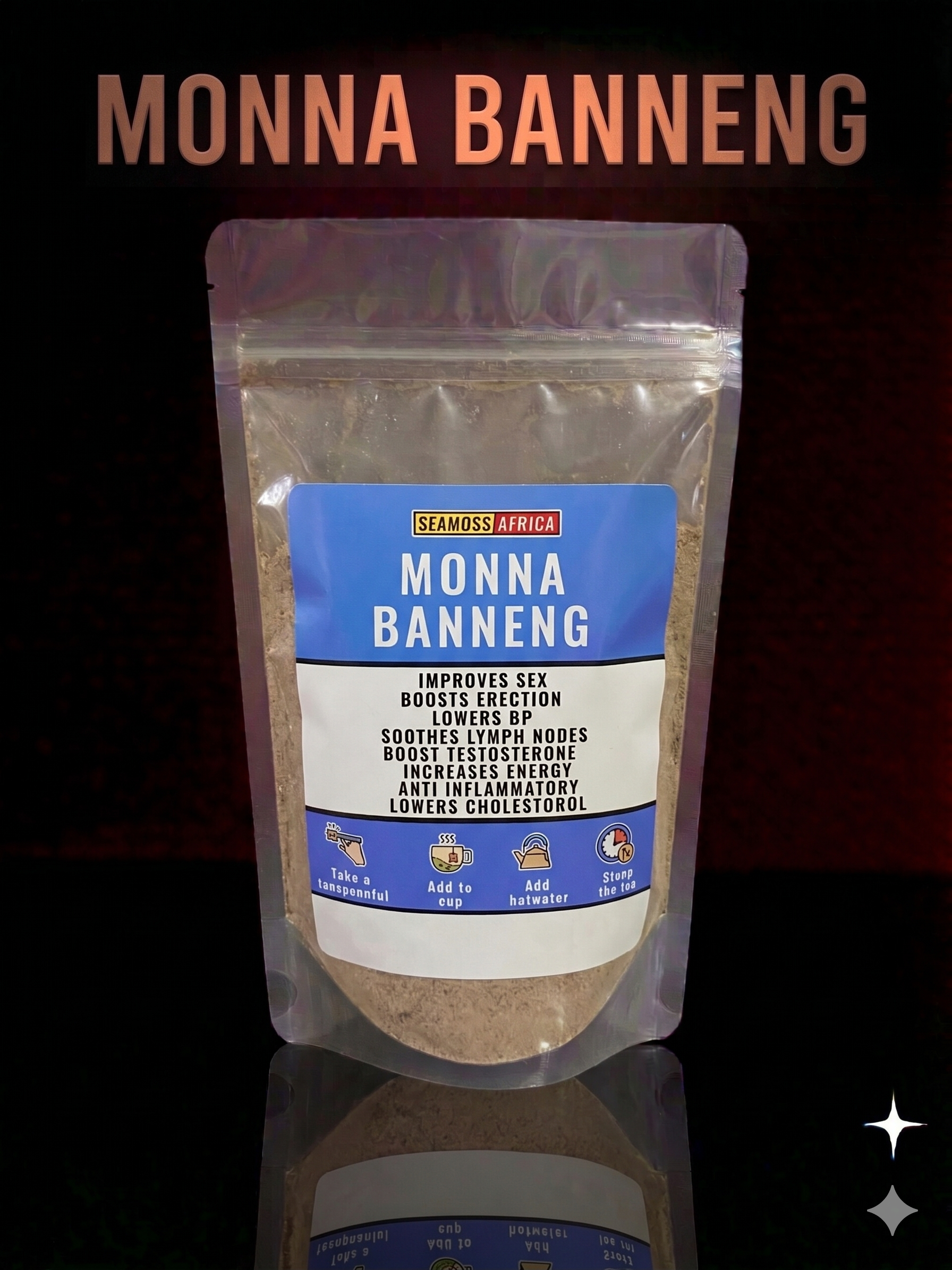 A 100g pack of premium Monna Banneng herbal remedy from Seamoss Africa, used for vitality and detoxification