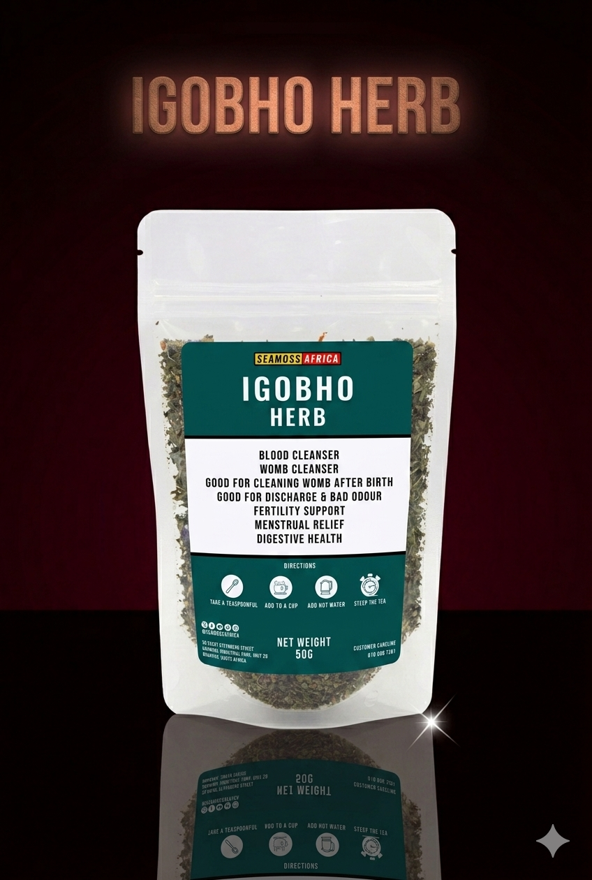 A bottle of pure Igobho Herb 50g from Seamoss Africa, used for traditional detoxification and general wellness tonic.