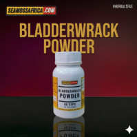 A bottle of pure Bladderwrack Powder Capsules from Seamoss Africa, used for thyroid support, metabolic health, and mineral supplementation.