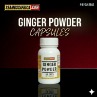 A bottle of pure Ginger Powder Capsules from Seamoss Africa, used for digestive support, nausea relief, and anti-inflammatory wellness.