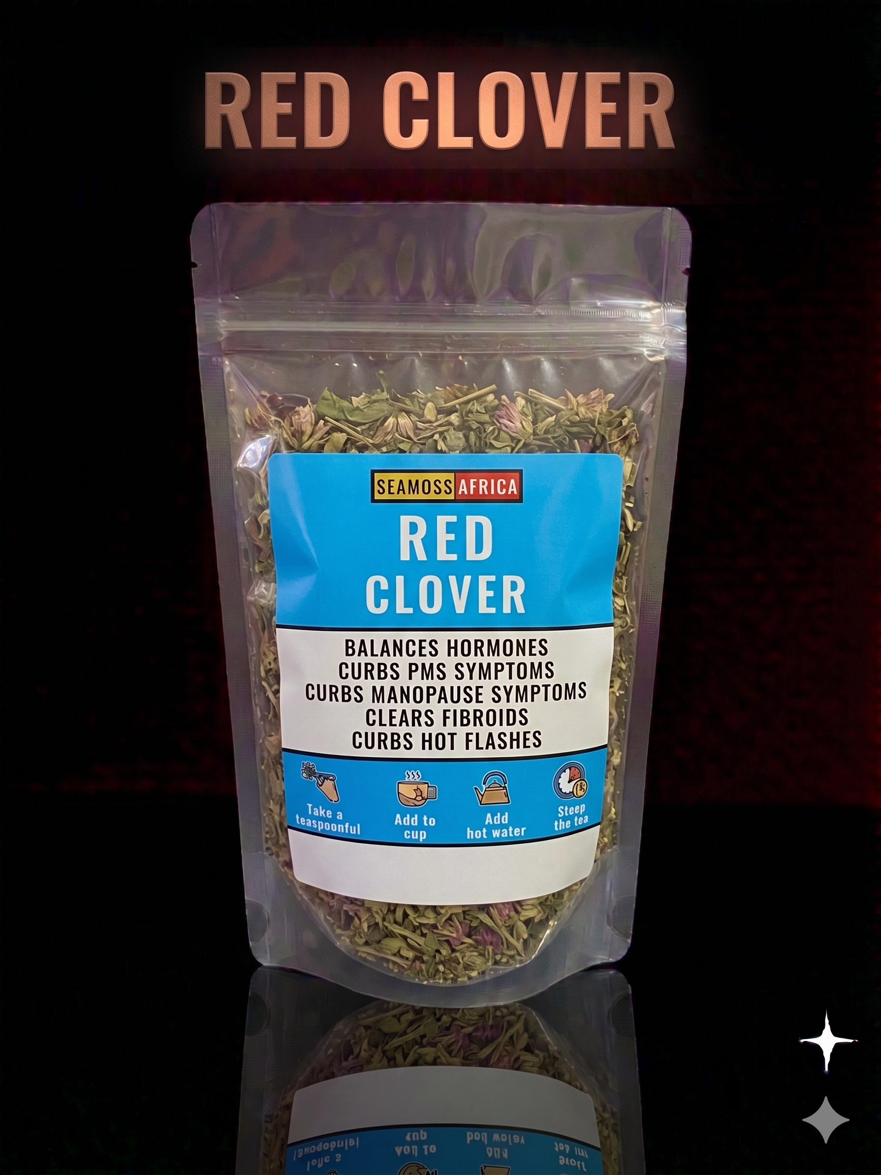 A 50g pack of premium Red Clover Herb from Seamoss Africa, used for hormonal balance and women's health.