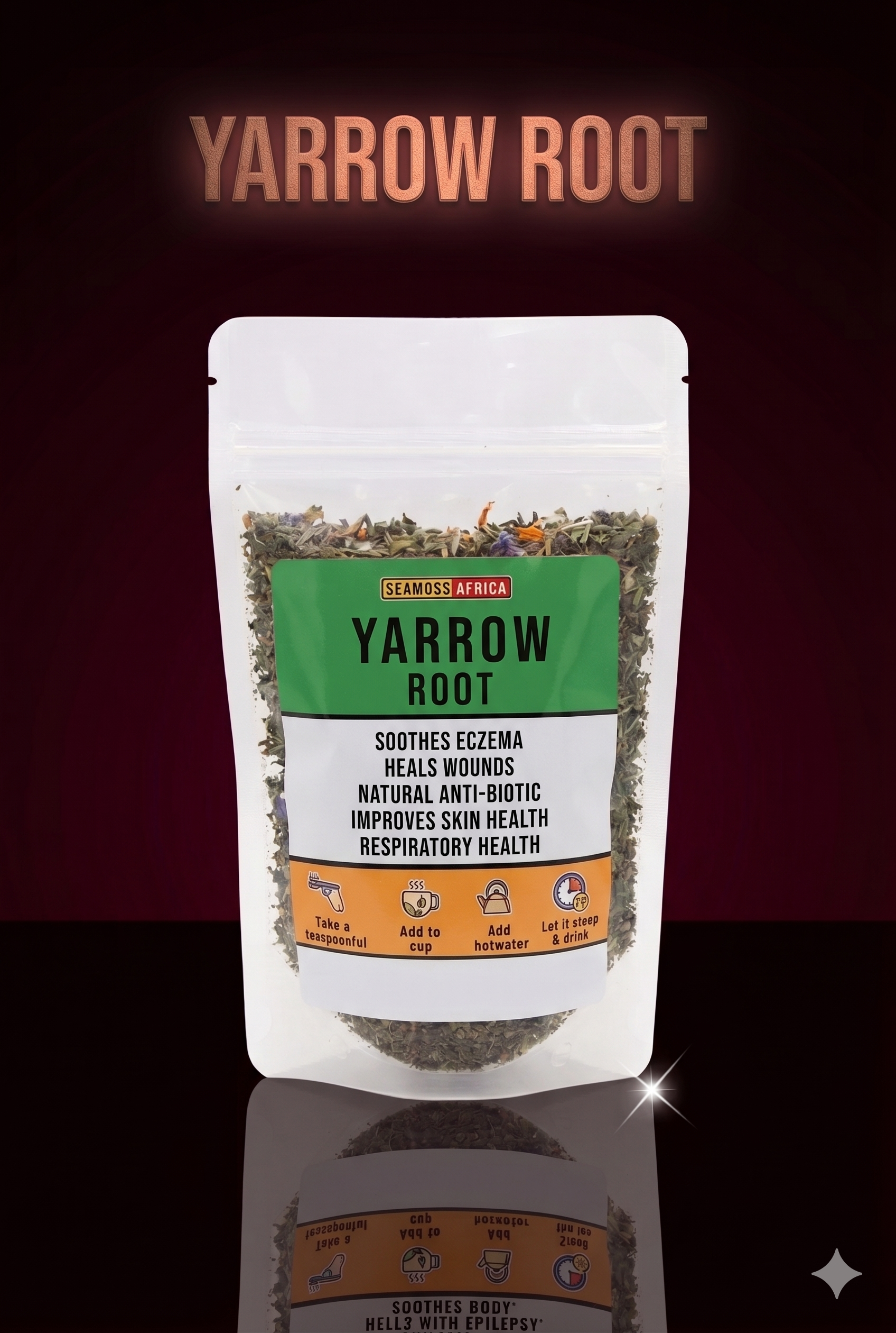 Pure Yarrow Root from Seamoss Africa, used for traditional digestive support and holistic wellness.