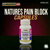 A bottle of pure Nature's Pain Block Capsules from Seamoss Africa, used for joint support, inflammation reduction, and natural pain relief
