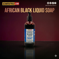 A 350ml bottle of liquid African Black Soap from Seamoss Africa, used for deep cleansing and acne relief.