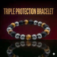 A Triple Protection bracelet from Seamoss Africa, featuring Hematite, Black Obsidian, and Yellow Tiger's Eye.
