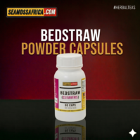 A bottle of pure Bedstraw Cleavers Capsules from Seamoss Africa, used for lymphatic support and natural detox.