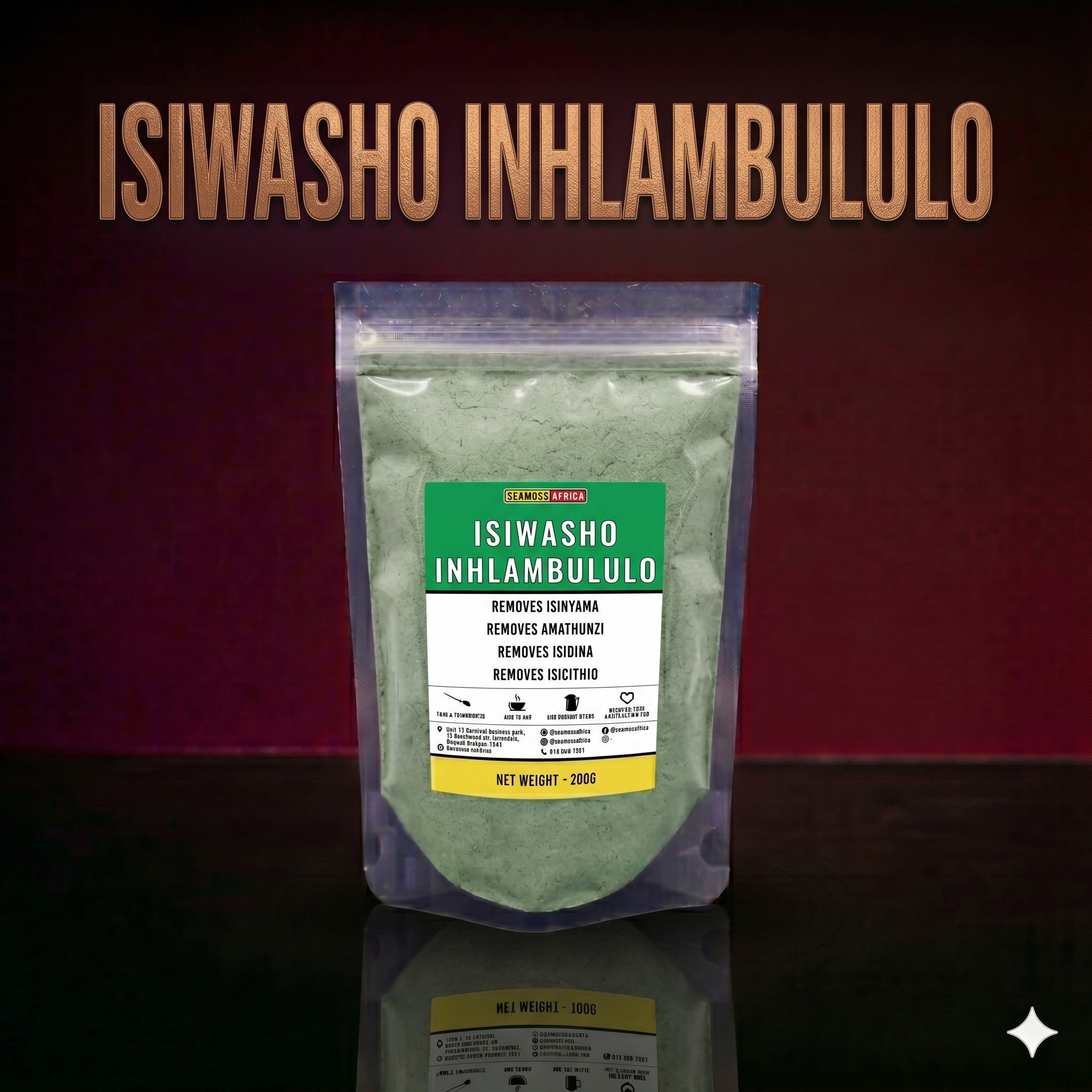 A package of Isiwasho Inhlambululo 200g from Seamoss Africa, used for traditional spiritual cleansing and energetic renewal.