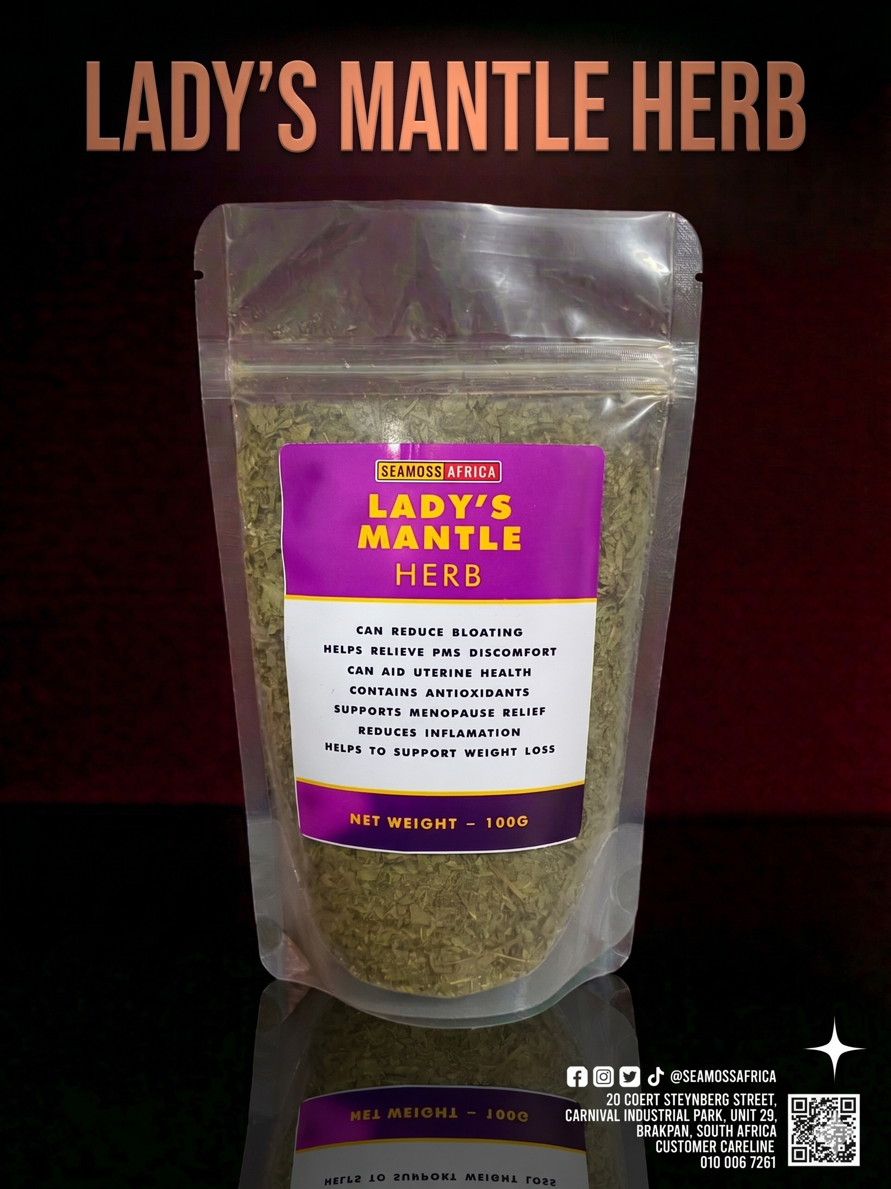 A 100g pack of premium Lady’s Mantle Herb from Seamoss Africa, used for women's reproductive and digestive health