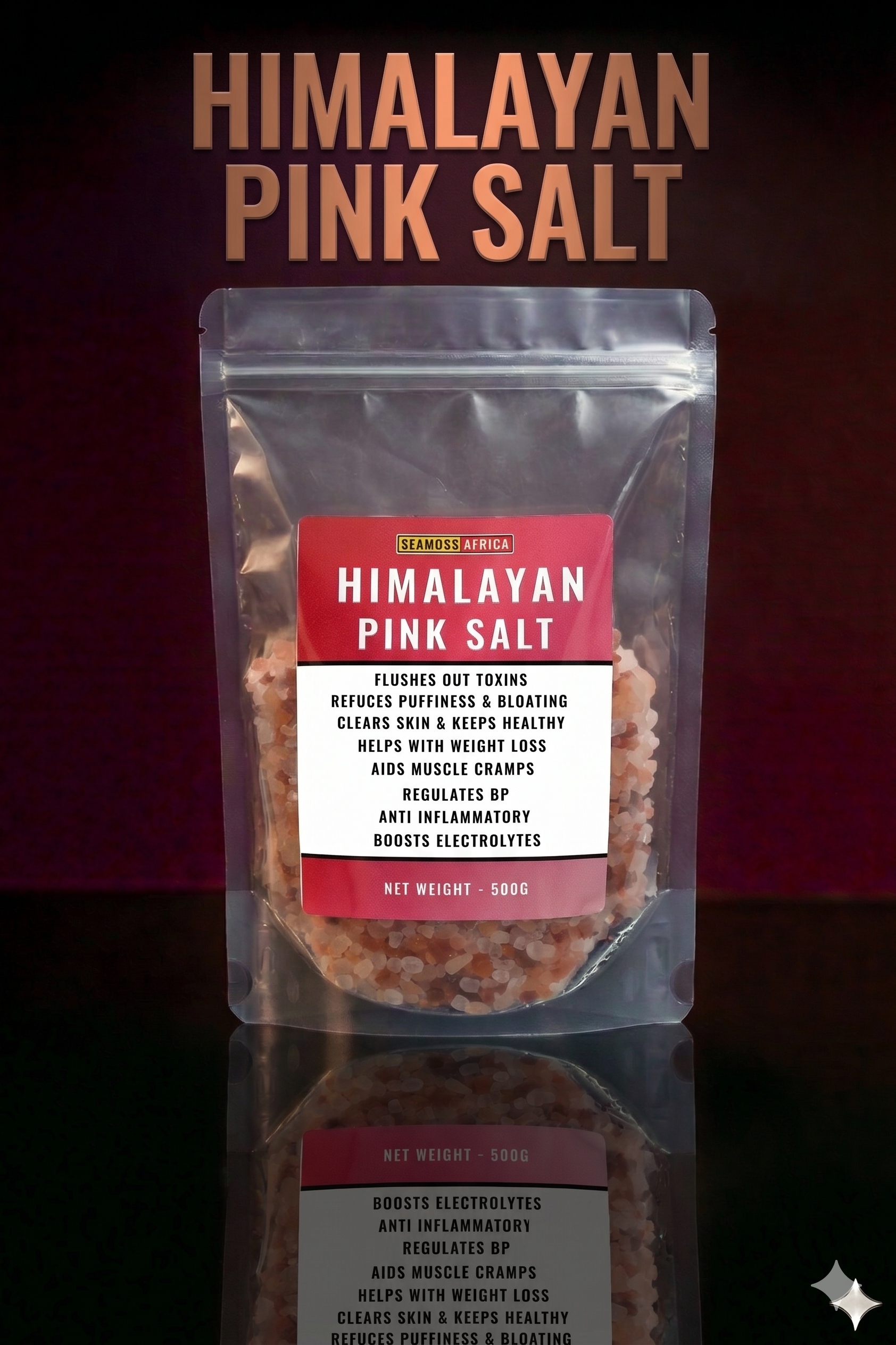 A high-quality 500g pack of Himalayan Pink Salt from Seamoss Africa, used for cooking and mineral-rich bath soaks