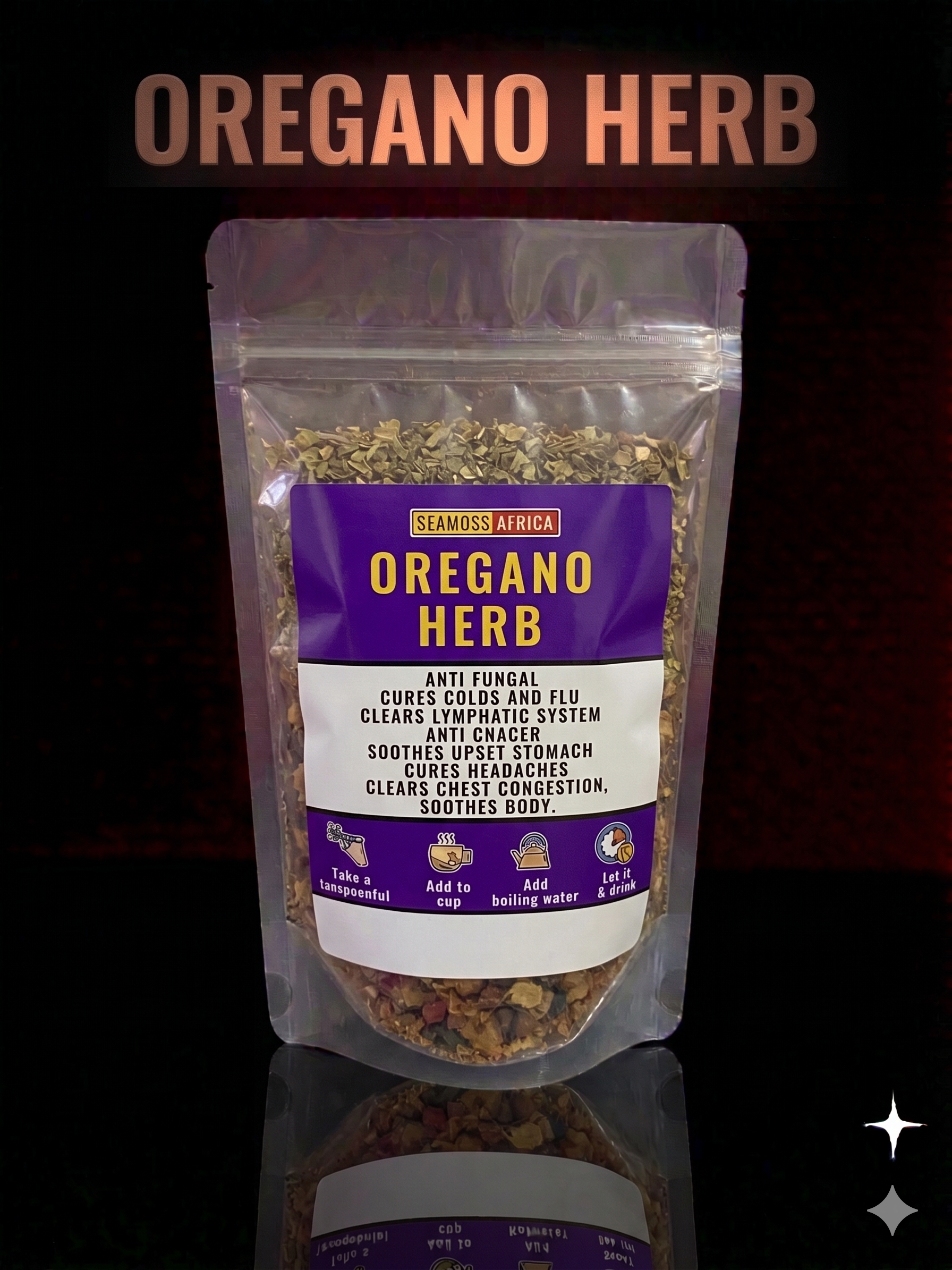 A 100g pack of premium Oregano Herb from Seamoss Africa, used for respiratory support and systemic detox.