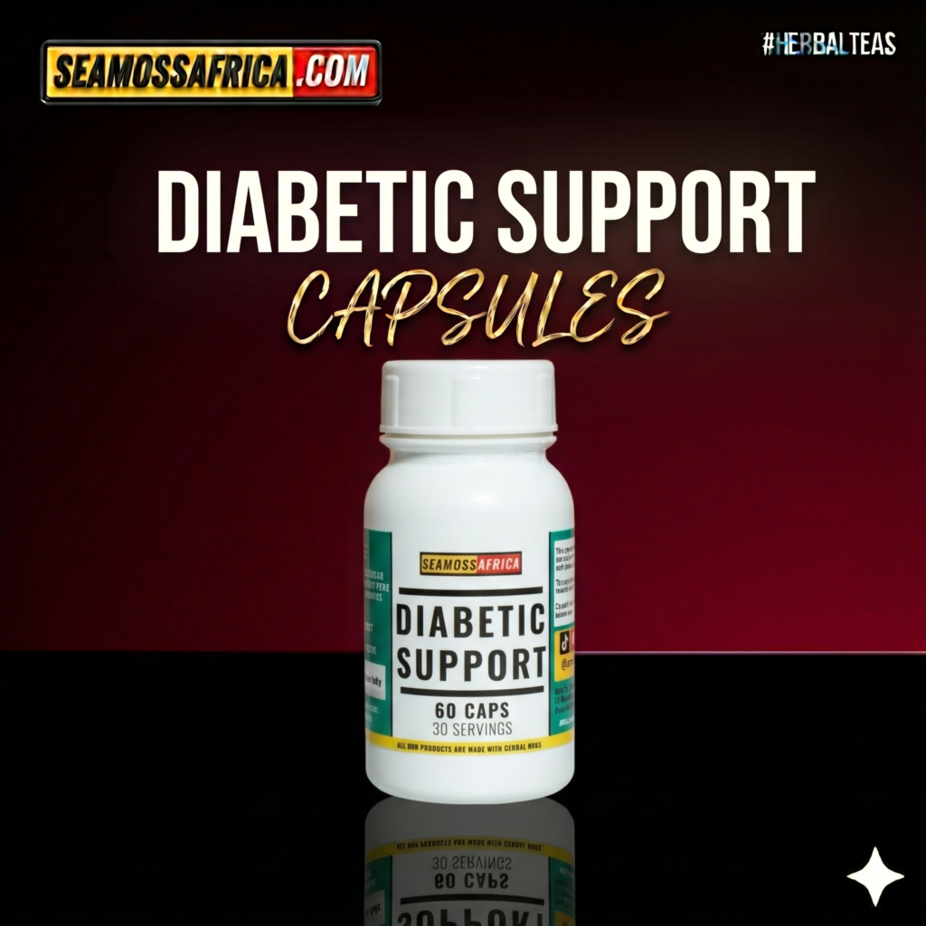 A bottle of pure Diabetic Support Capsules from Seamoss Africa, used for metabolic support, blood sugar regulation, and holistic wellness
