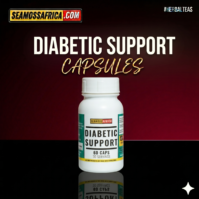 A bottle of pure Diabetic Support Capsules from Seamoss Africa, used for metabolic support, blood sugar regulation, and holistic wellness