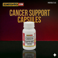 A bottle of pure Cancer Support Capsules from Seamoss Africa, used for immune fortification, antioxidant support, and holistic wellness