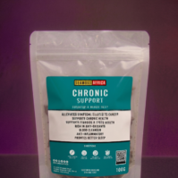 A 100g pack of Chronic Support herbal blend from Seamoss Africa, used for immune defense and liver health