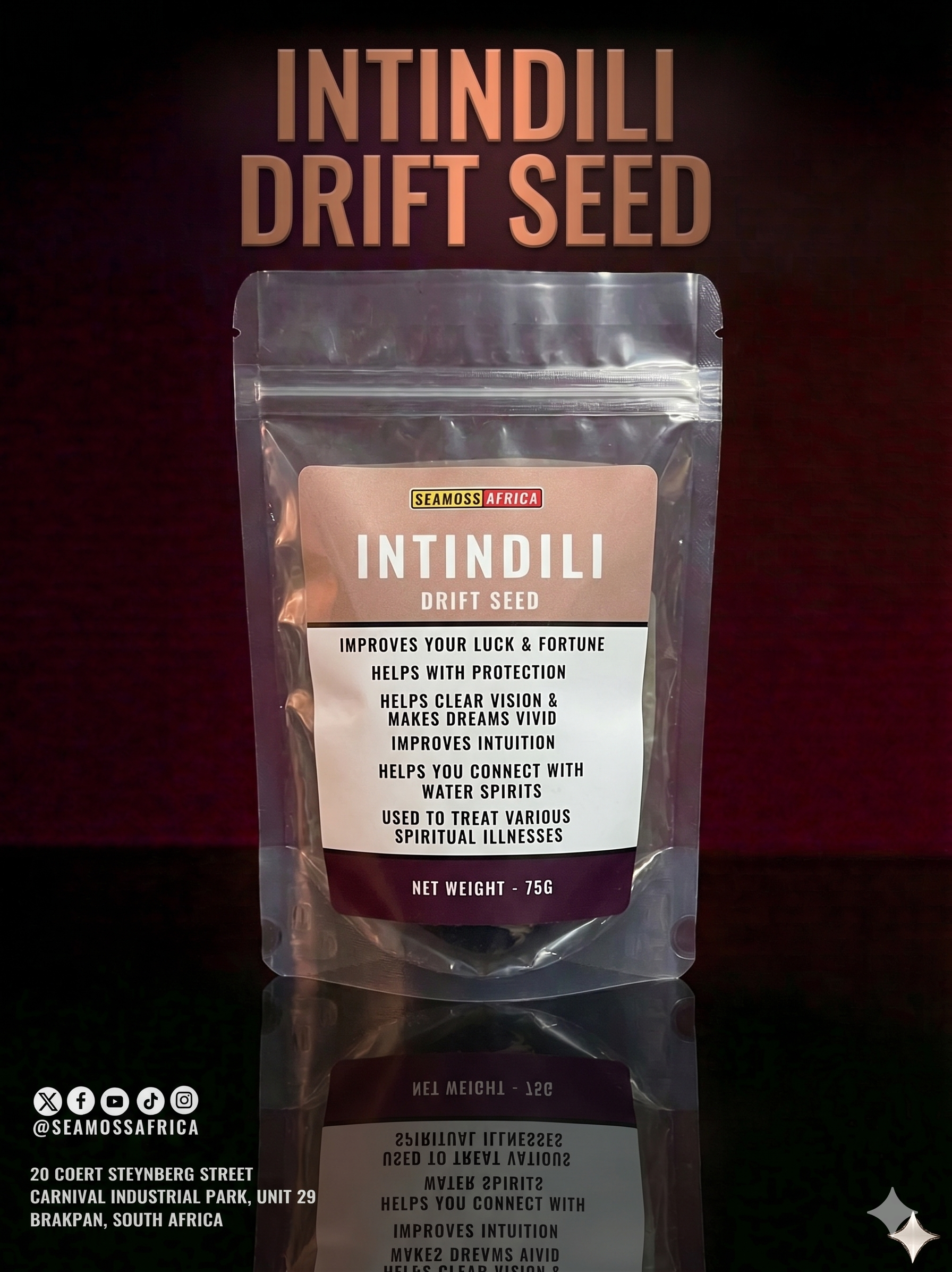 A bottle of pure Intindili 75g from Seamoss Africa, used for traditional detoxification and general wellness tonic