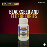 A bottle of pure Blackseed and Elderberries Capsules from Seamoss Africa, used for immune support and respiratory health.
