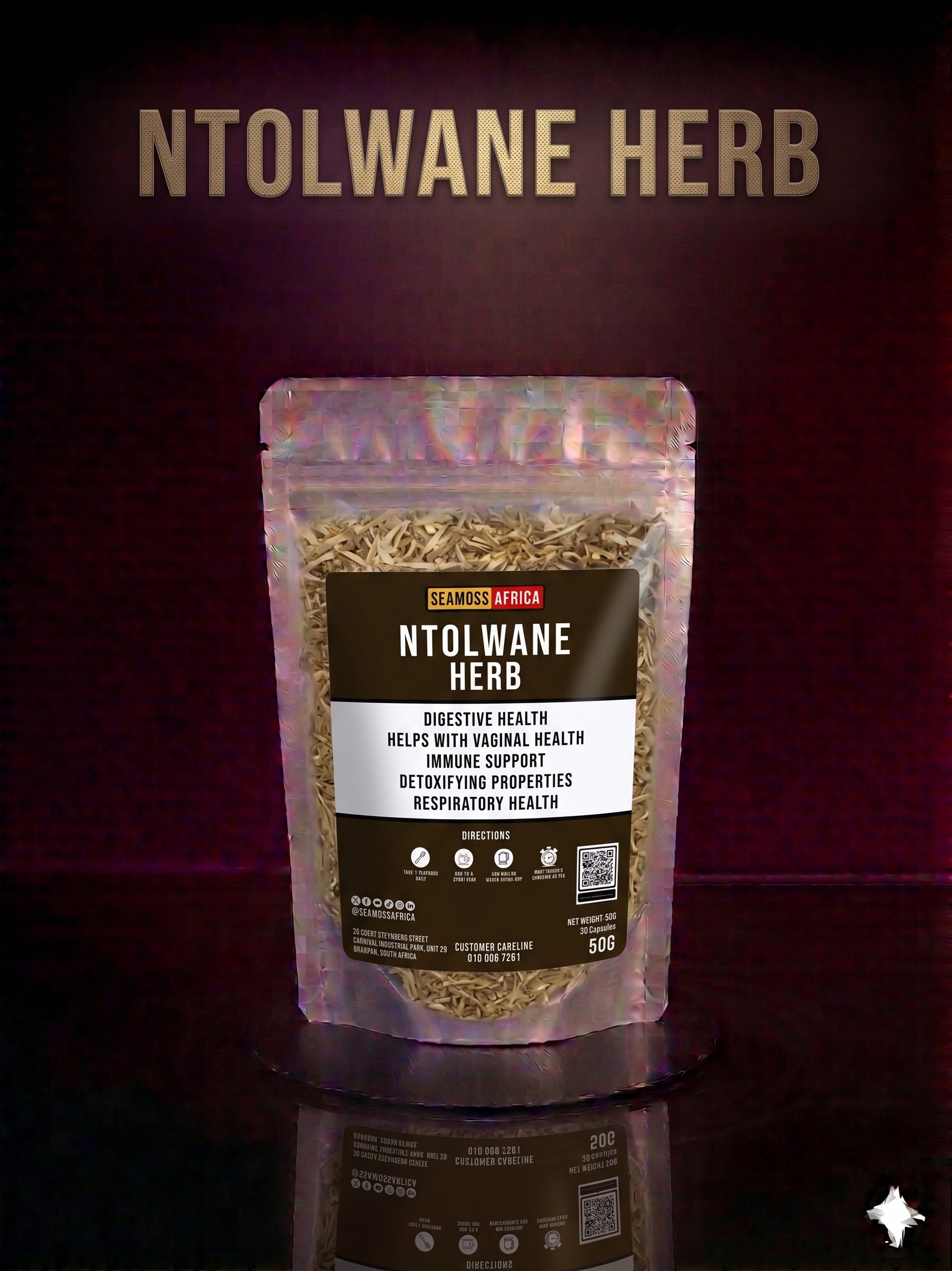 A 50g pack of premium Ntolwane Herbal Remedy from Seamoss Africa, used for detox, digestive, and vaginal health support.