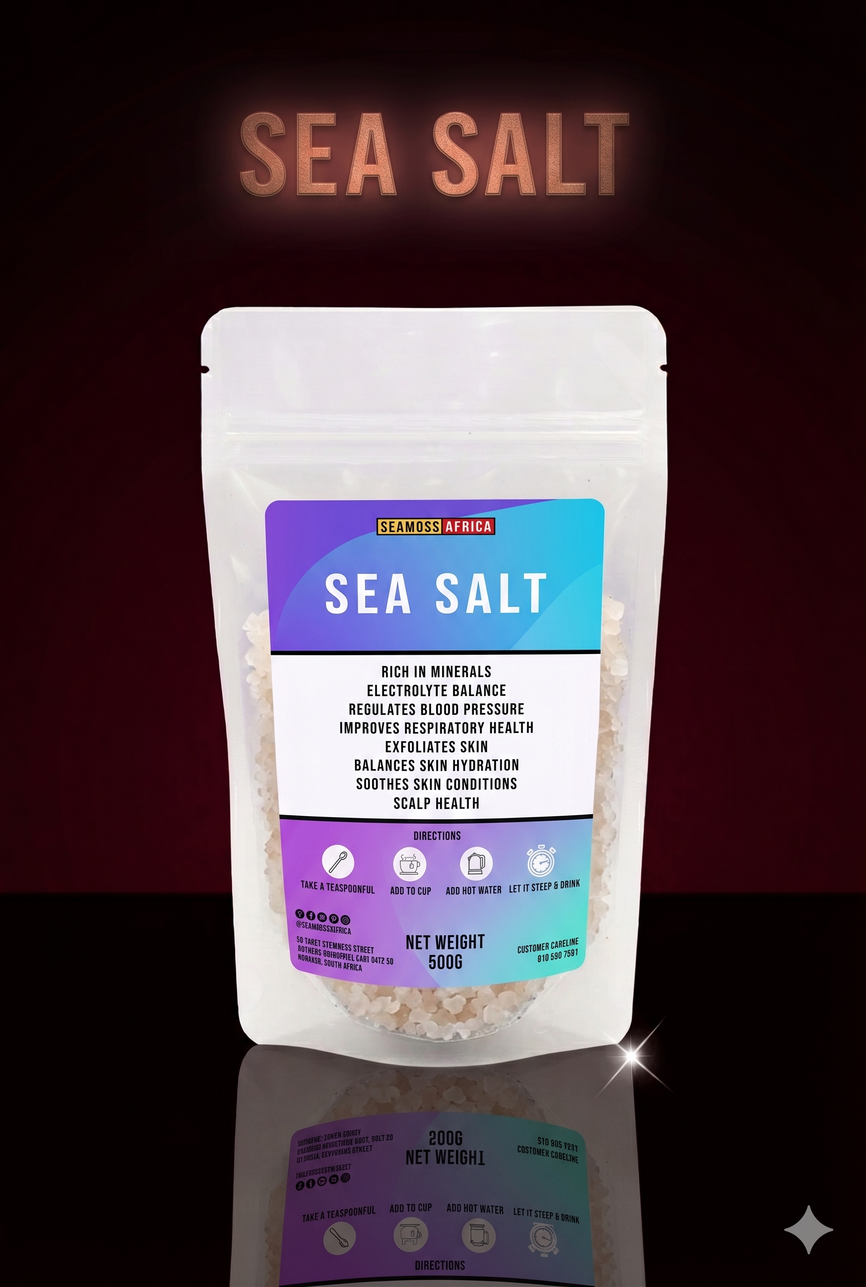 A bottle of pure Sea Salt 500g from Seamoss Africa, used for mineral-rich culinary seasoning and spiritual cleansing.