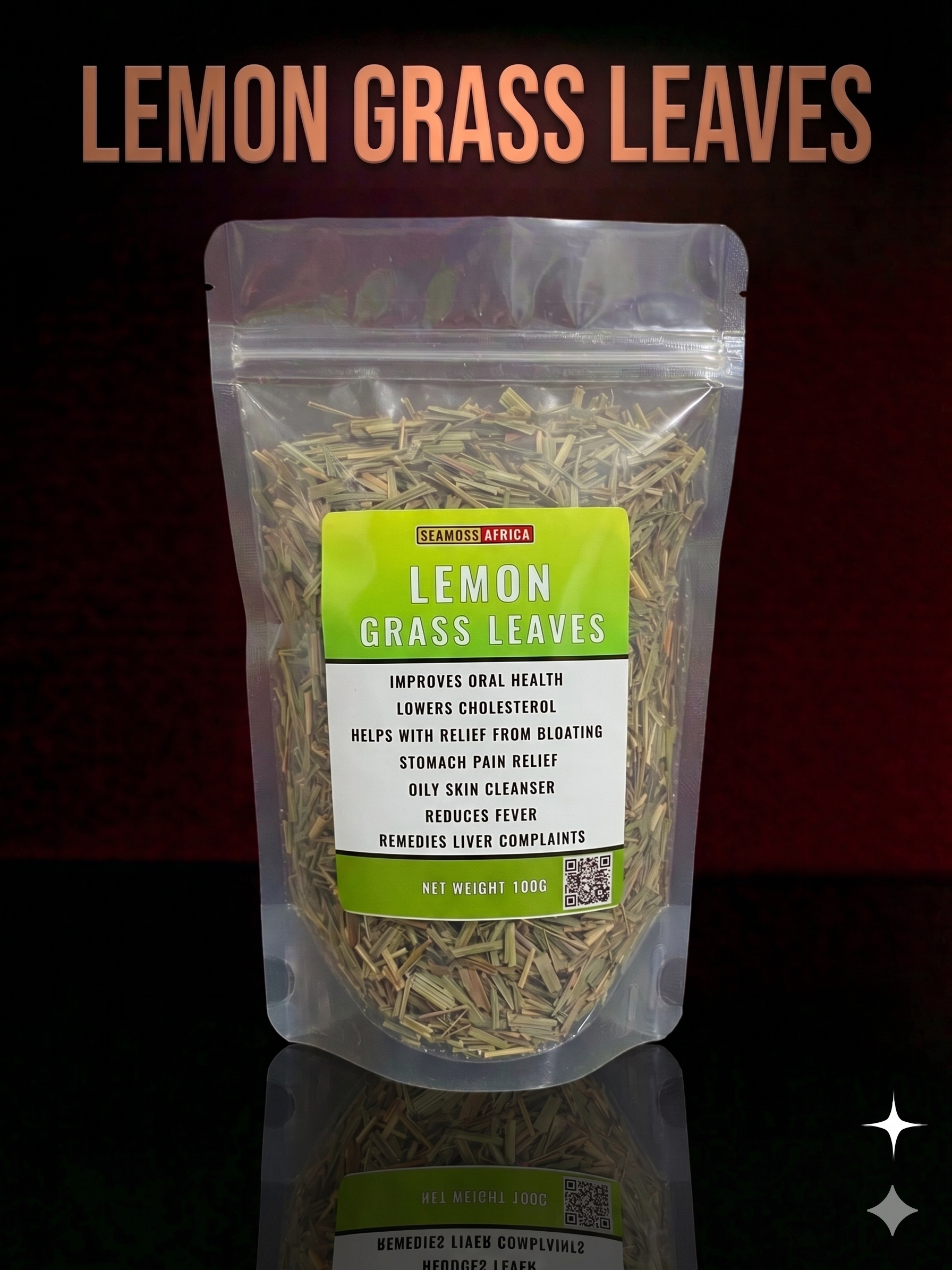 A 100g pack of premium Lemon Grass Leaves from Seamoss Africa, used for digestive support and skin cleansing
