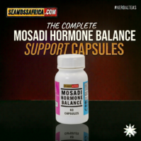 A bottle of Mosadi Hormone Balance Capsules from Seamoss Africa, used for hormonal support and PMS relief