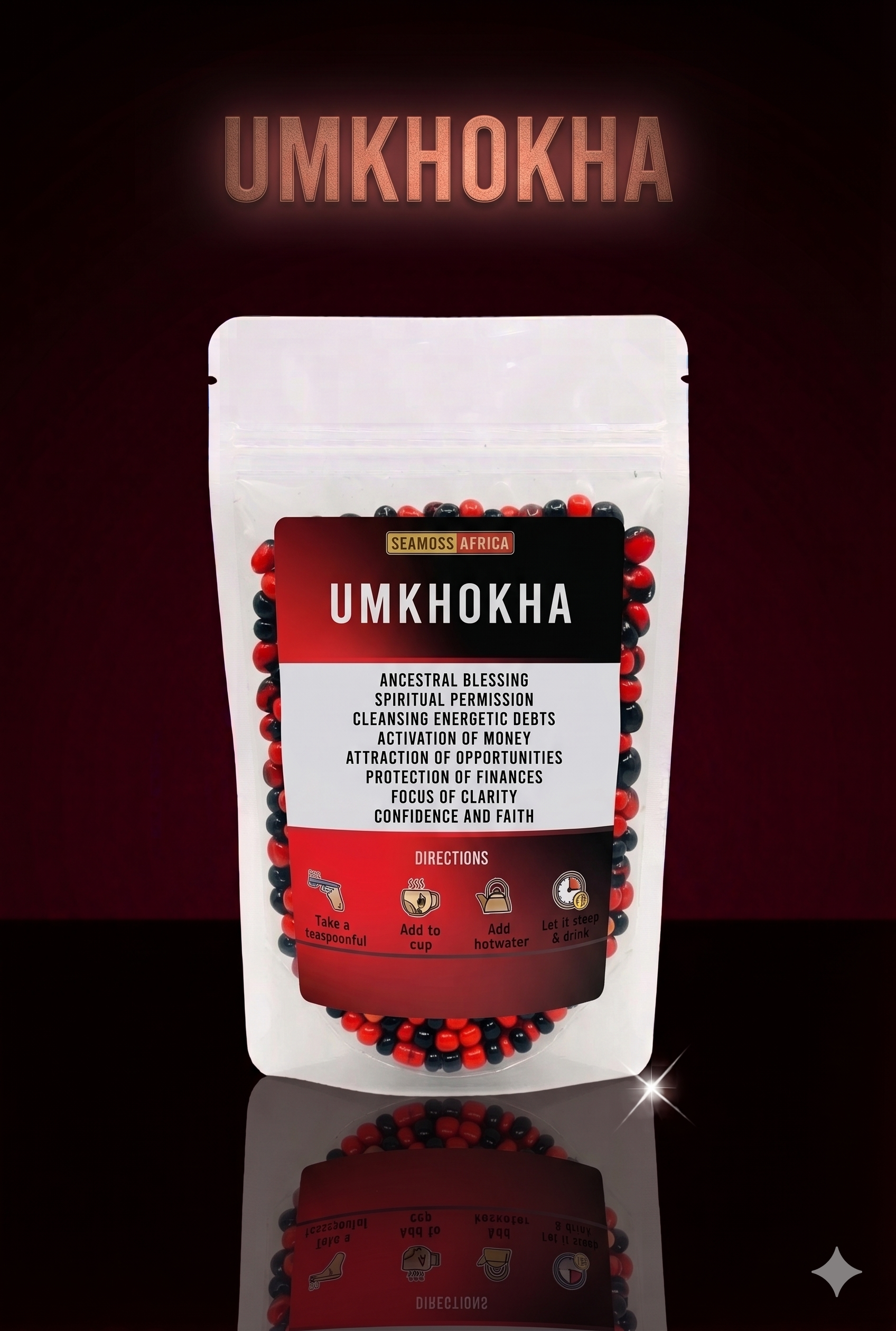 A package of Umkhokha 100g from Seamoss Africa, used for traditional spiritual cleansing and energetic renewal.