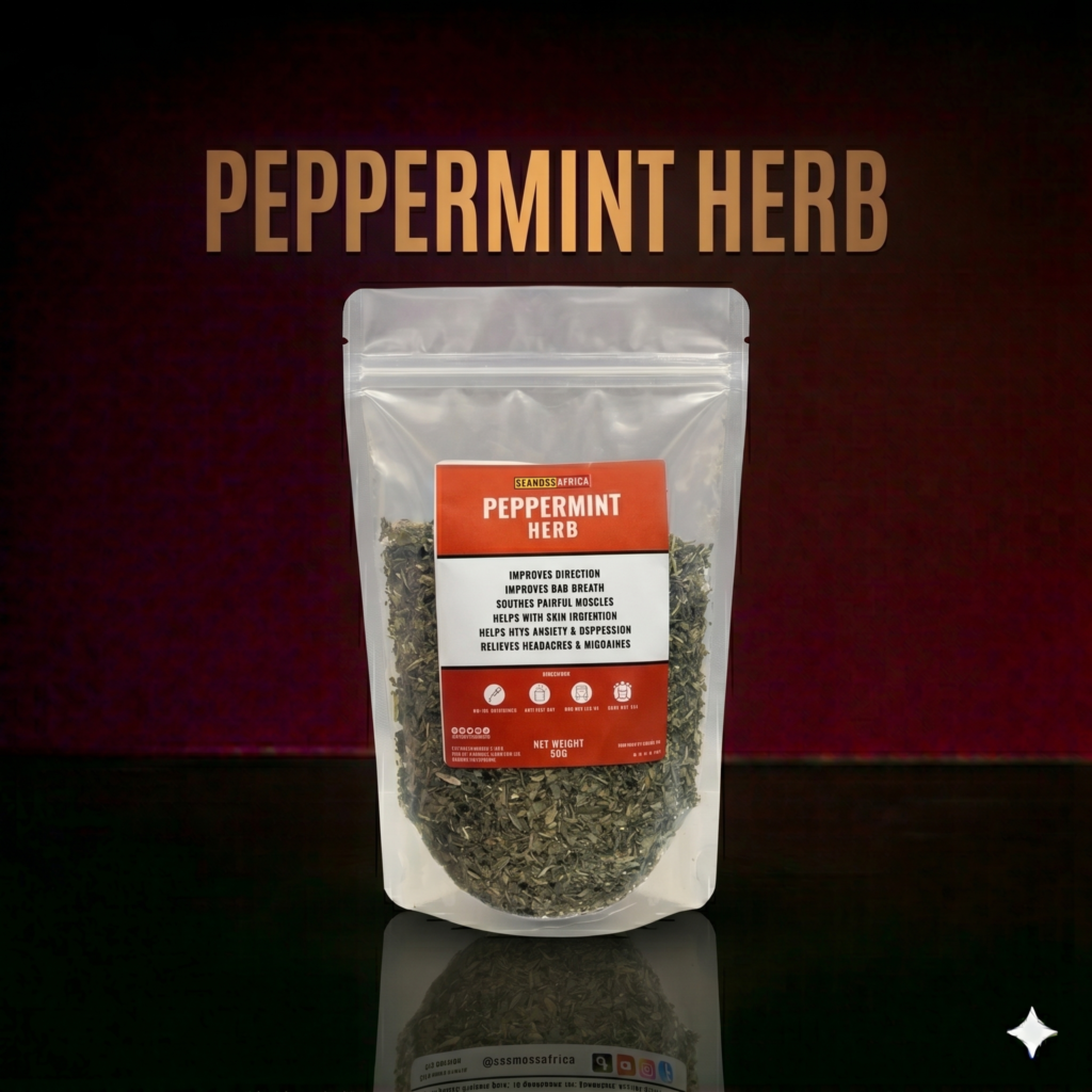 A bag of pure Peppermint Herb from Seamoss Africa, used for refreshing digestive and wellness support.