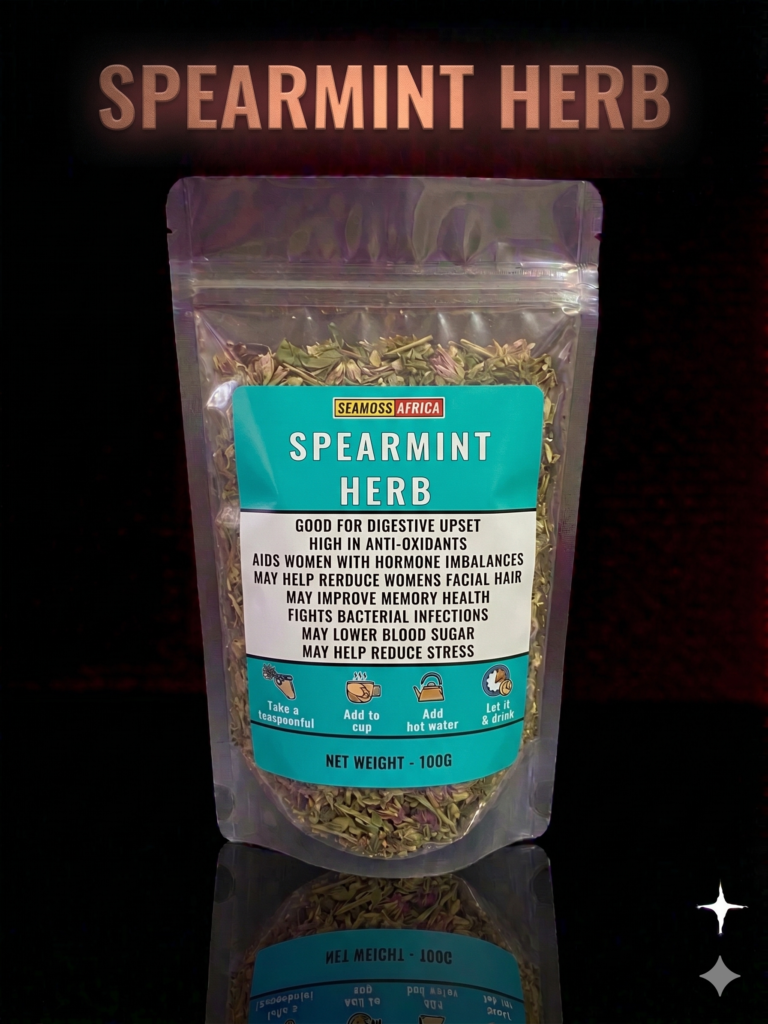 premium 100g pack of Spearmint Herb from Seamoss Africa, used for digestive and hormonal health.