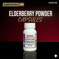 A bottle of pure Elderberry Powder Capsules from Seamoss Africa, used for immune support, antioxidant defense, and respiratory health.