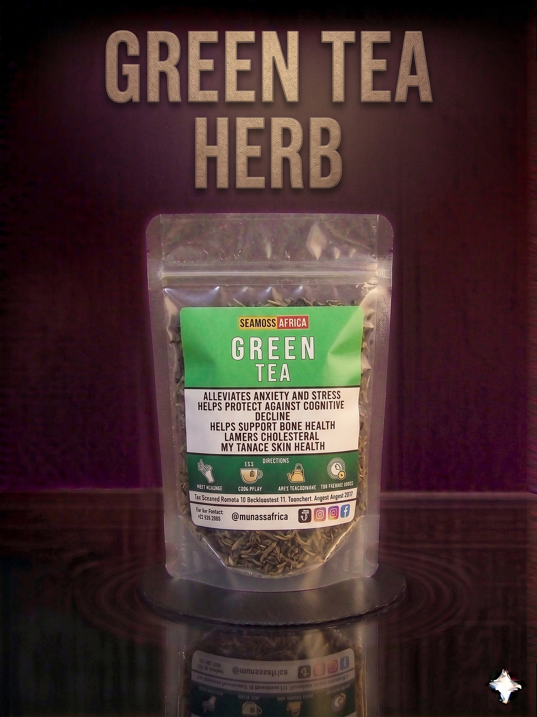 A 100g pack of premium Green Tea from Seamoss Africa, used for cognitive health and antioxidant support.