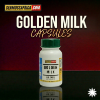 A bottle of pure Golden Milk Capsules from Seamoss Africa, used for anti-inflammatory support, immune health, and daily vitality