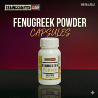 A bottle of pure Fenugreek Powder Capsules from Seamoss Africa, used for metabolic support, hormonal balance, and digestive health.