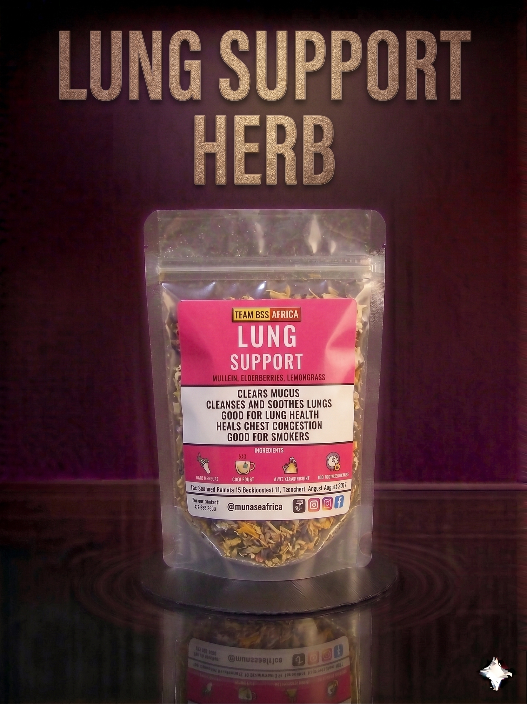 A 50g pack of Lung Support herbal blend from Seamoss Africa, used for respiratory health and congestion relief