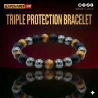 A Triple Protection bracelet from Seamoss Africa, featuring Hematite, Black Obsidian, and Yellow Tiger's Eye.