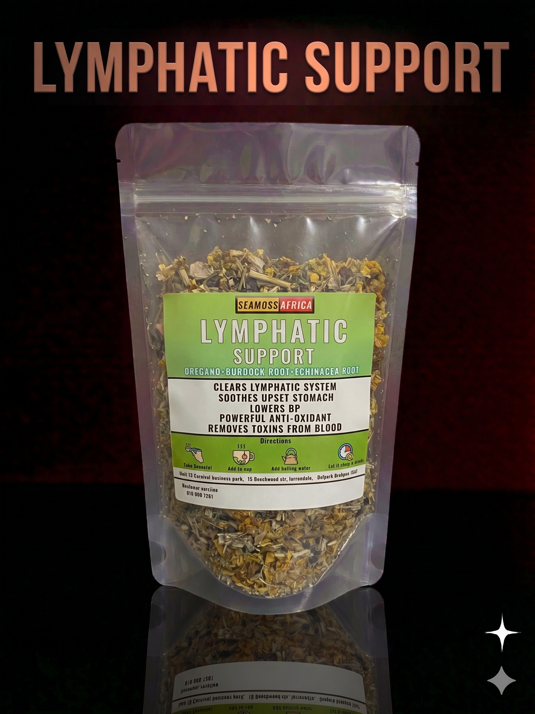 A 100g pack of Lymphatic Support herbal blend from Seamoss Africa, used for detox and blood purification.